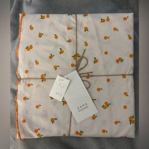Zara Home Cream and Orange Fruit Patterned Table cloth and a set of napkins.